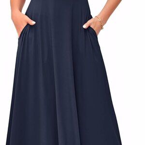 Women Maxi Dress Casual Sleeveless V Neck Long Dress with Pockets